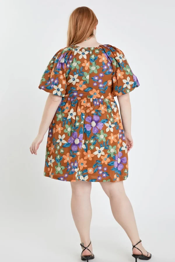 ENGLISH FACTORY Tops*- Floral Puffy Sleeve Mini Dress BROWNMULTI