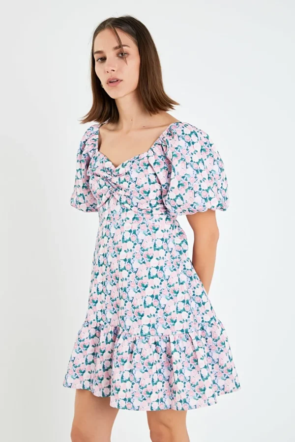 ENGLISH FACTORY Tops*- Floral Puff Sleeve Mini Dress LILACPINK
