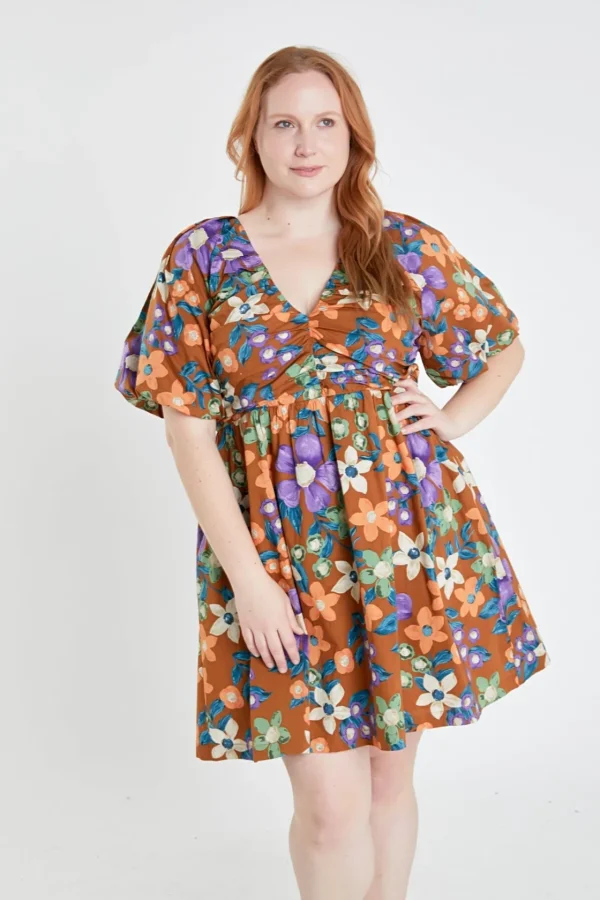 ENGLISH FACTORY Tops*- Floral Puffy Sleeve Mini Dress BROWNMULTI