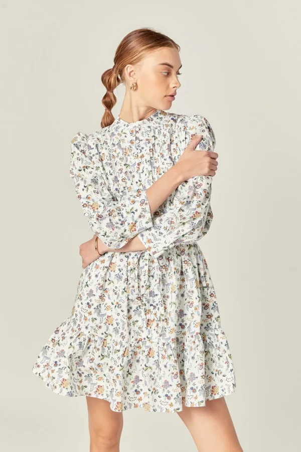 ENGLISH FACTORY Tops*- Floral Print Pintuck Smock Mini Dress MULTI