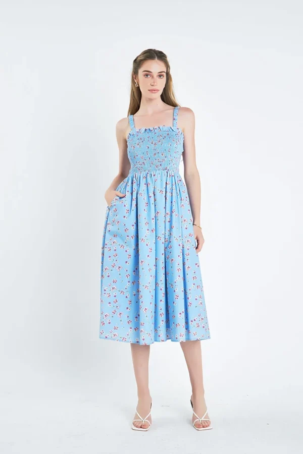 ENGLISH FACTORY Tops*- Floral Print Smocked Dress in Blue BLUEMULTI
