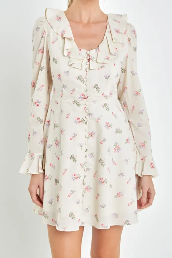 ENGLISH FACTORY Tops*- Floral Ruffled Neck Mini Dress IVORY