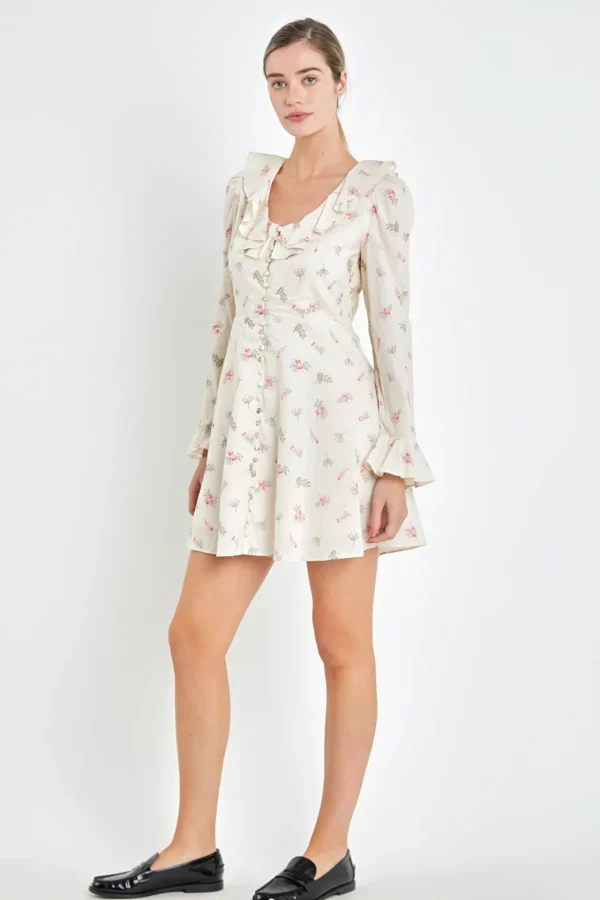 ENGLISH FACTORY Tops*- Floral Ruffled Neck Mini Dress IVORY