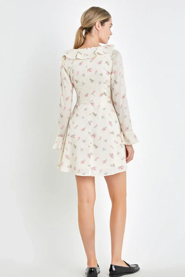 ENGLISH FACTORY Tops*- Floral Ruffled Neck Mini Dress IVORY
