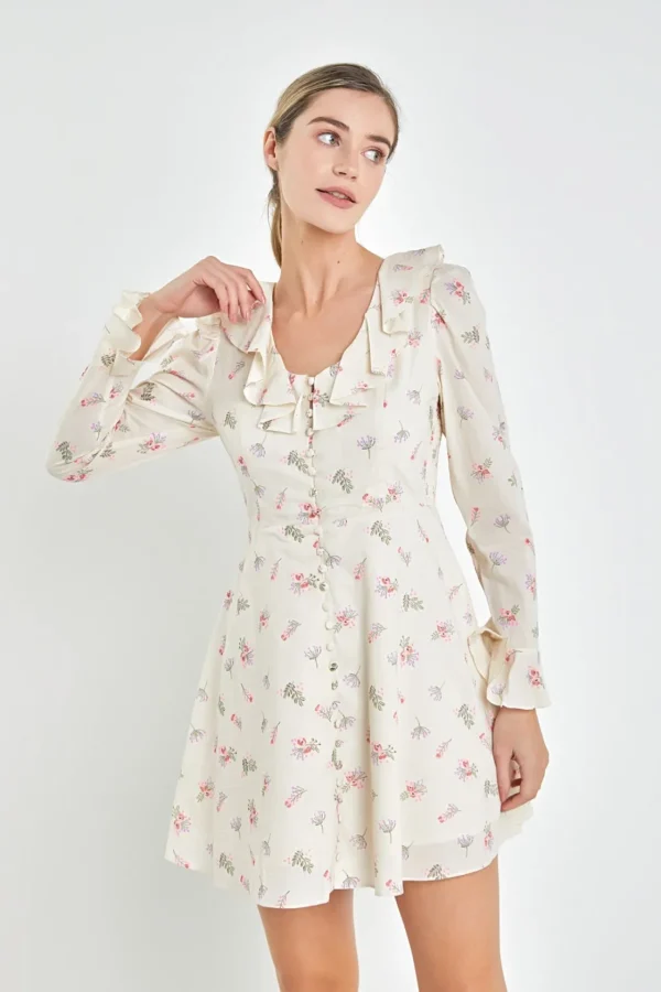 ENGLISH FACTORY Tops*- Floral Ruffled Neck Mini Dress IVORY