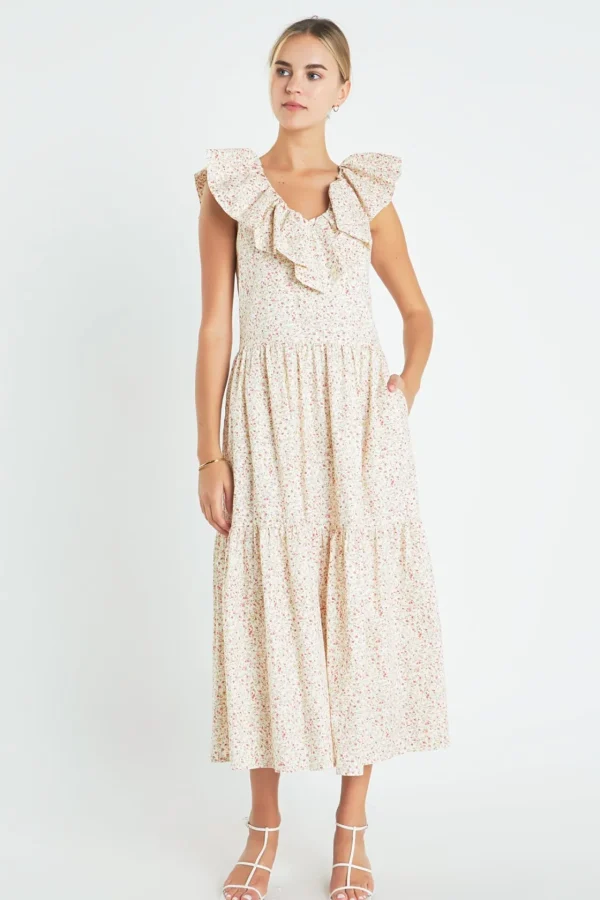 ENGLISH FACTORY Tops*- Floral Ruffled Midi Dress