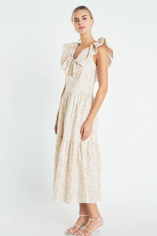 ENGLISH FACTORY Tops*- Floral Ruffled Midi Dress