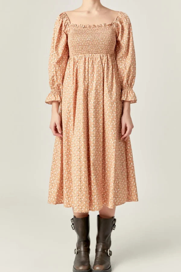 ENGLISH FACTORY Tops*- Floral Smocked Off Shoulder Midi Dress TANMULTI