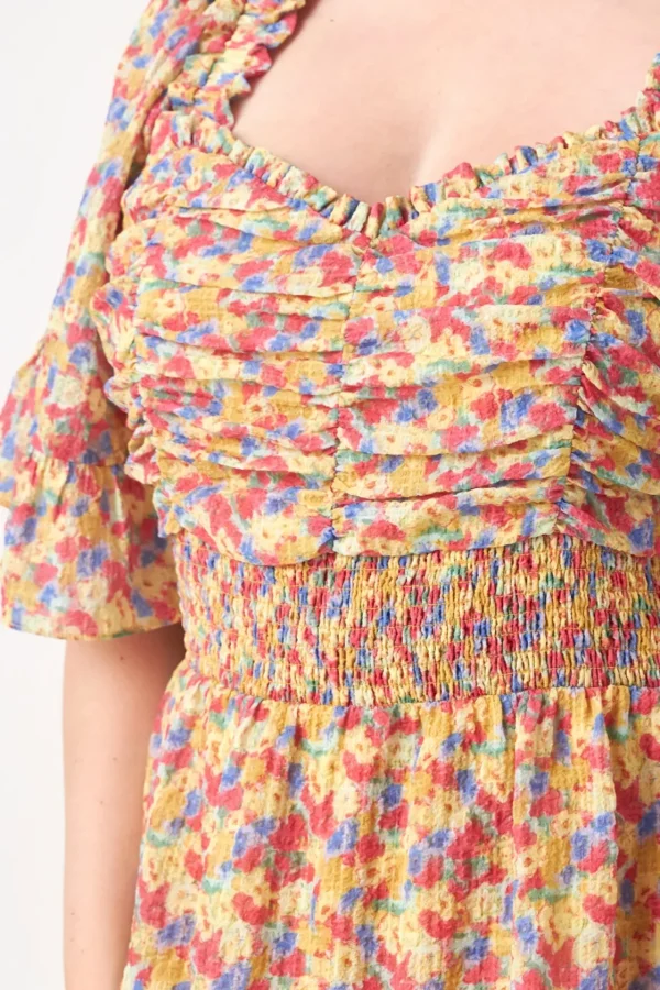 ENGLISH FACTORY Tops*- Floral Smocked Ruffle Tiered Maxi Dress MUSTARDCOMBO