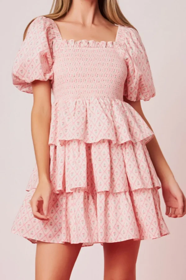 ENGLISH FACTORY Tops*- Floral Smocked Tiered Mini Dress PINK