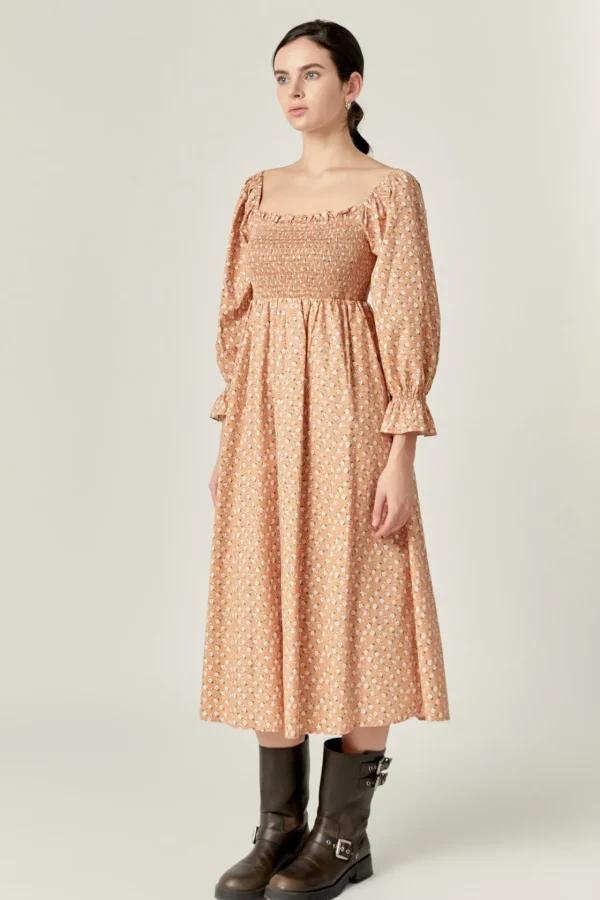 ENGLISH FACTORY Tops*- Floral Smocked Off Shoulder Midi Dress TANMULTI