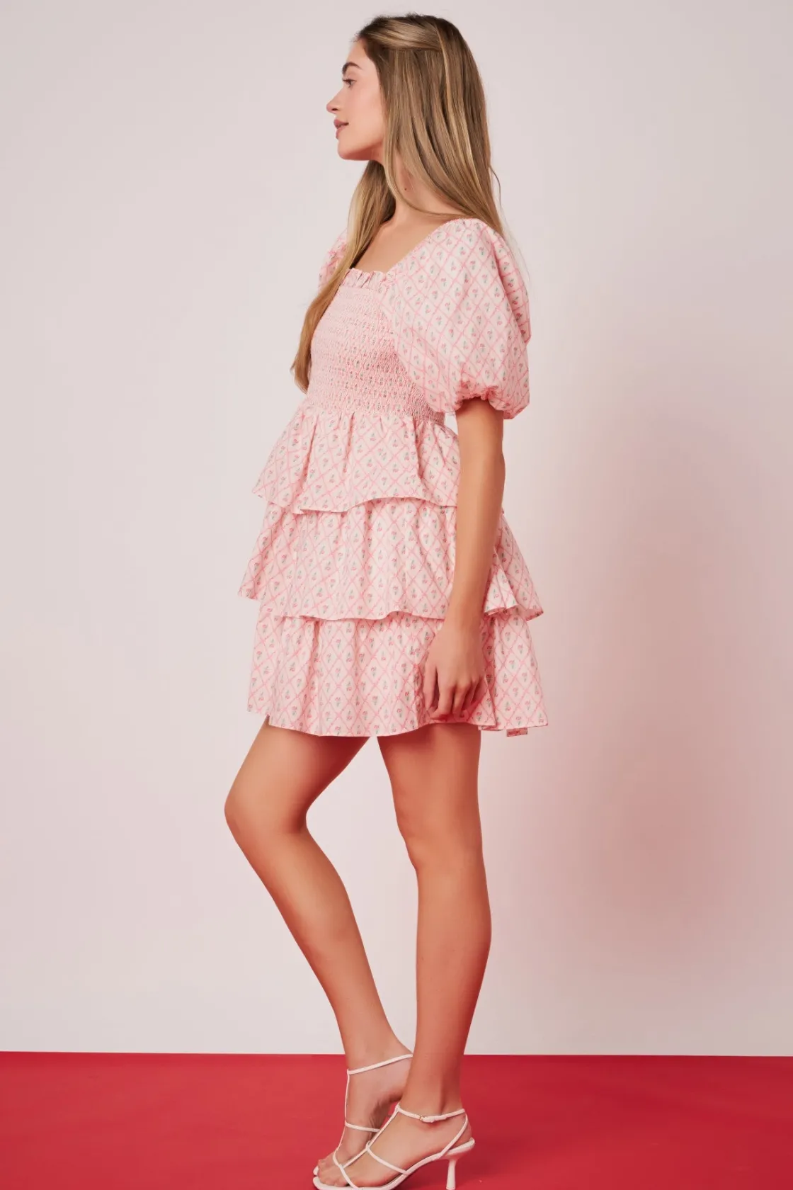 english_factory__floral_s_1.webp ENGLISH FACTORY Tops*- Floral Smocked Tiered Mini Dress PINK
