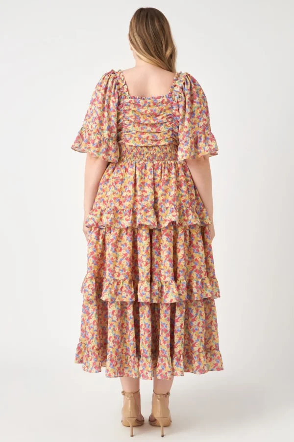 ENGLISH FACTORY Tops*- Floral Smocked Ruffle Tiered Maxi Dress MUSTARDCOMBO