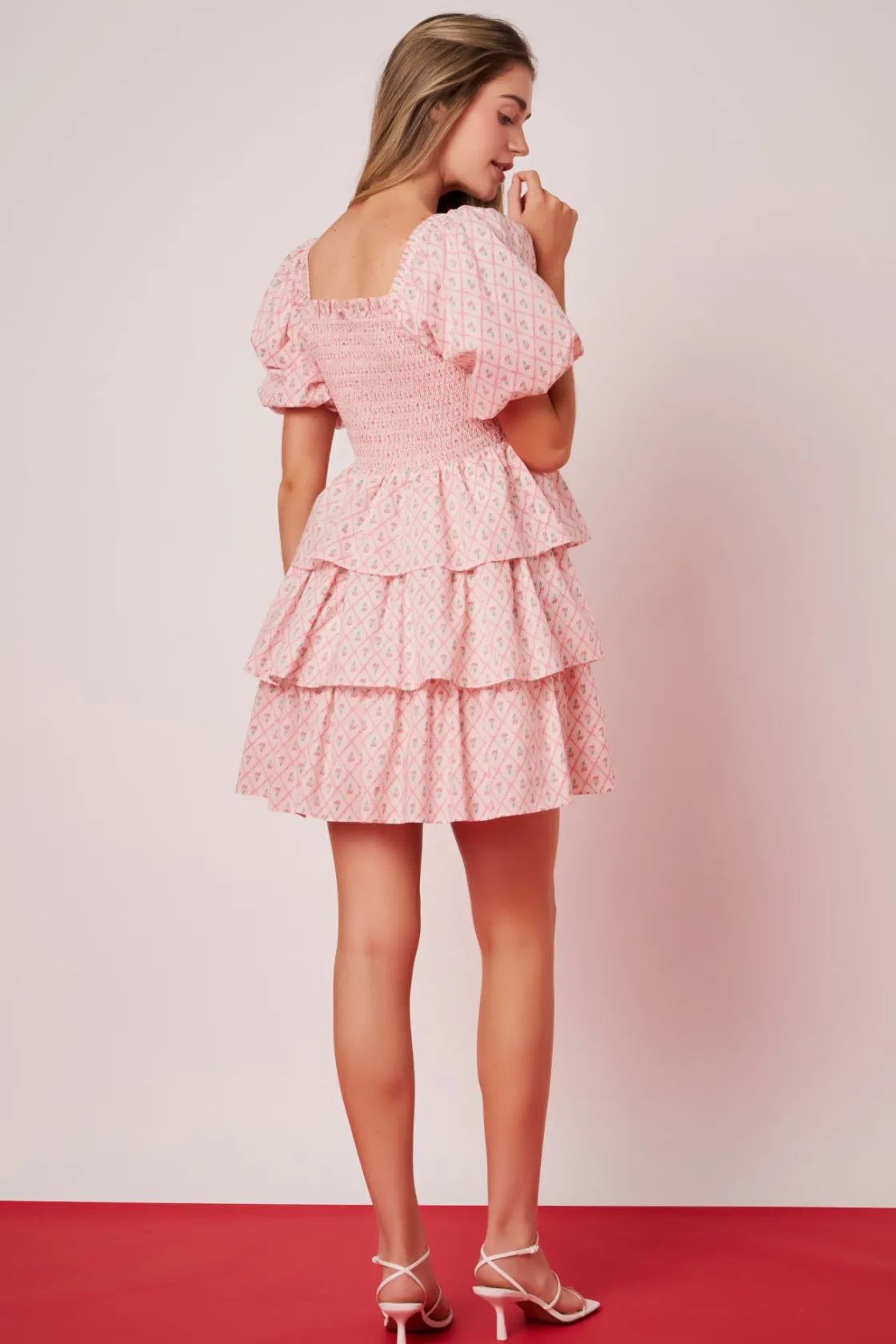 english_factory__floral_s_2.webp ENGLISH FACTORY Tops*- Floral Smocked Tiered Mini Dress PINK