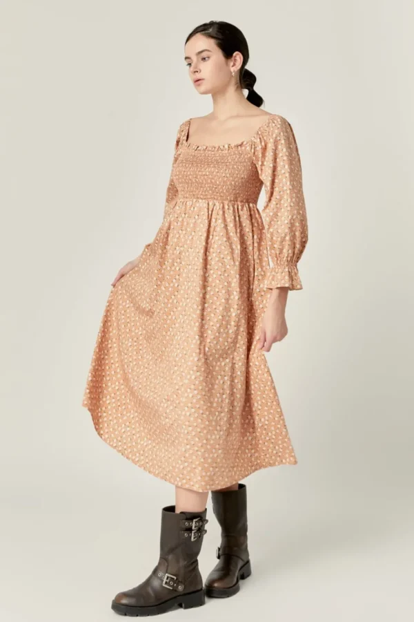ENGLISH FACTORY Tops*- Floral Smocked Off Shoulder Midi Dress TANMULTI
