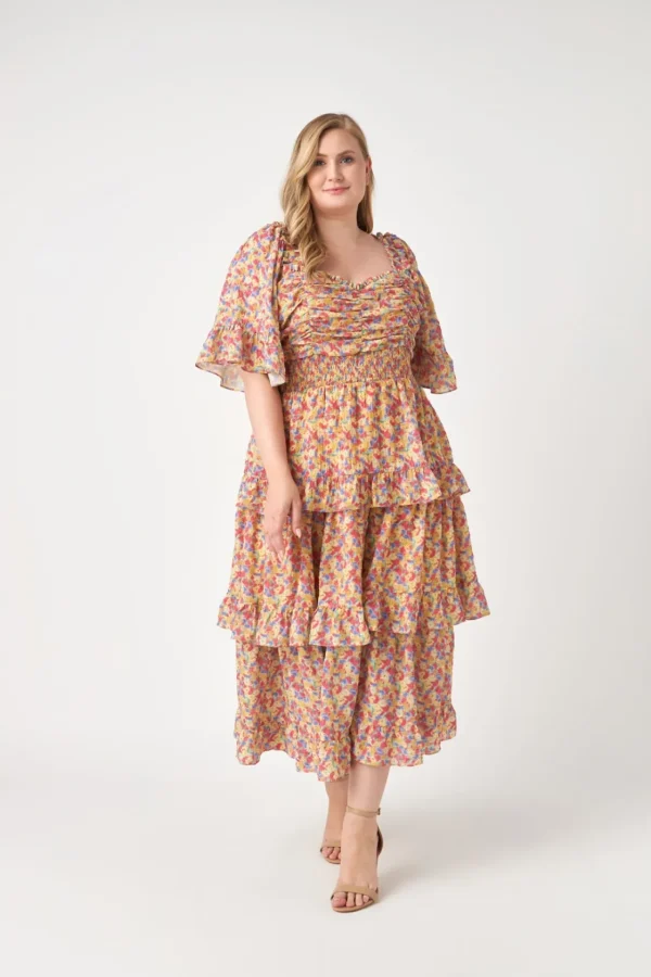 ENGLISH FACTORY Tops*- Floral Smocked Ruffle Tiered Maxi Dress MUSTARDCOMBO