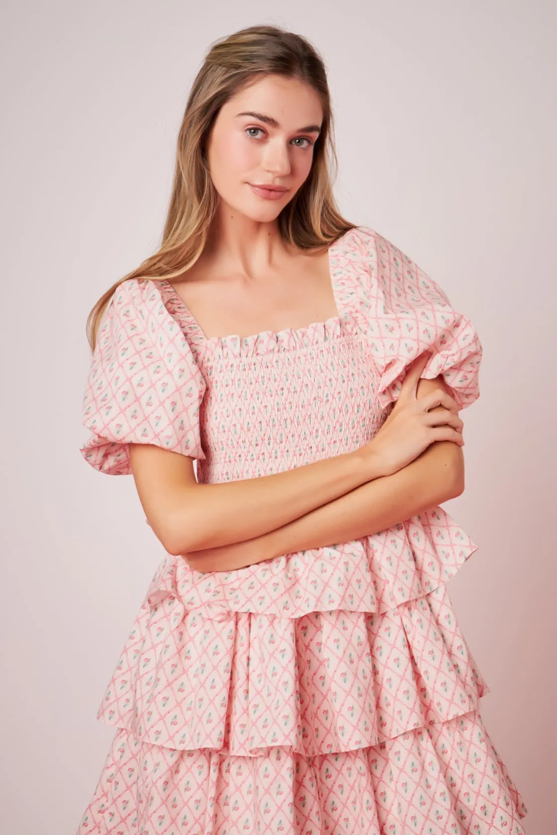 english_factory__floral_s_3.webp ENGLISH FACTORY Tops*- Floral Smocked Tiered Mini Dress PINK