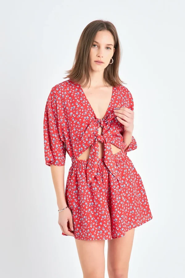 ENGLISH FACTORY Tops*- Floral Tied Romper RED