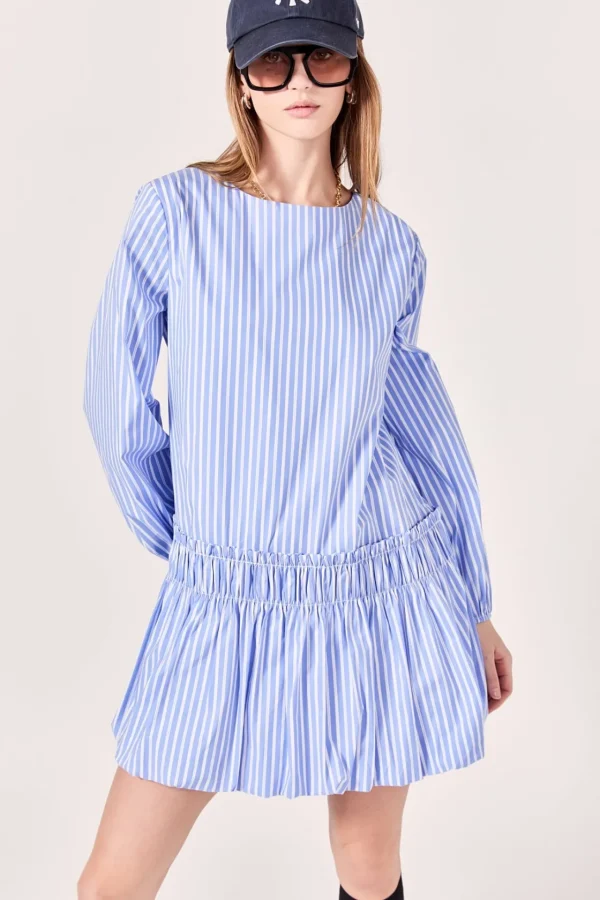 ENGLISH FACTORY Tops*- Francine Striped Balloon Mini Dress POWDERBLUE