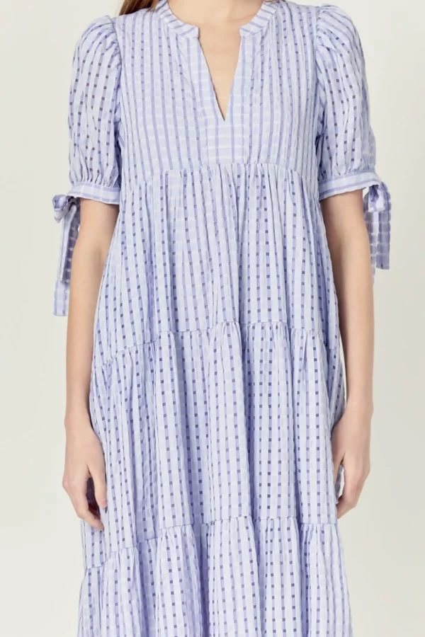 ENGLISH FACTORY Tops*- Gingham Tiered Midi Dress with Bow Tie Sleeves