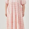 ENGLISH FACTORY Tops*- Gingham Puff Sleeve Tiered Maxi PINK