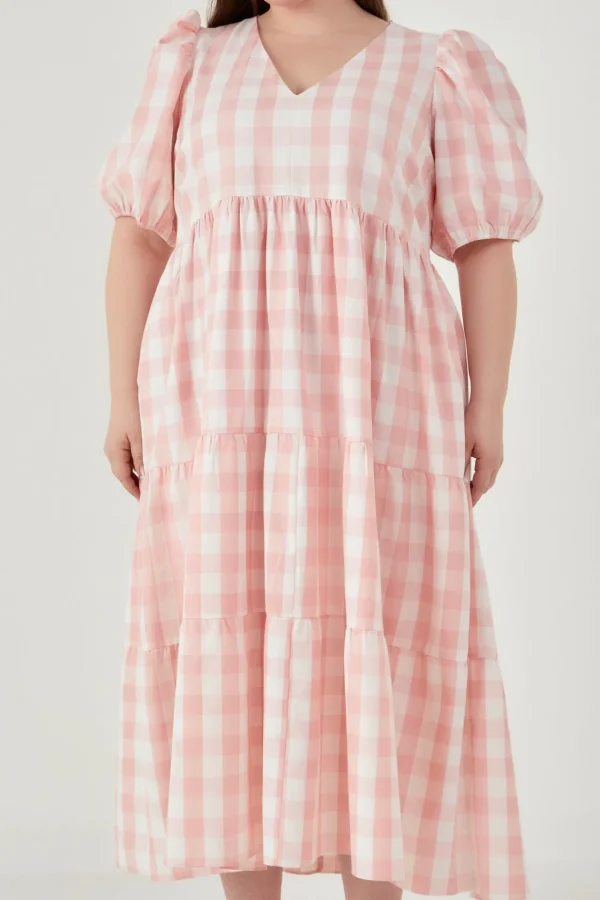 ENGLISH FACTORY Tops*- Gingham Puff Sleeve Tiered Maxi PINK