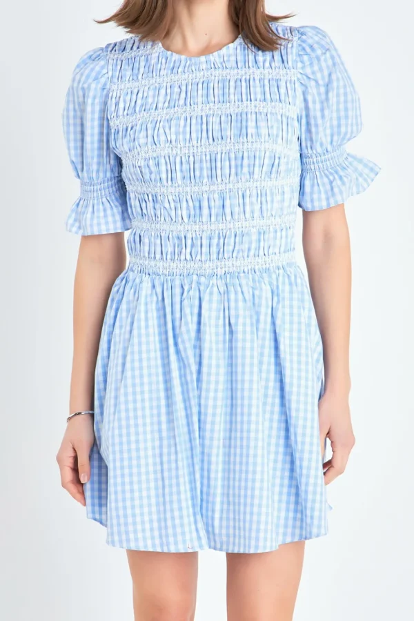 ENGLISH FACTORY Tops*- Gingham Puff Sleeve Mini Dress OCEANBLUE