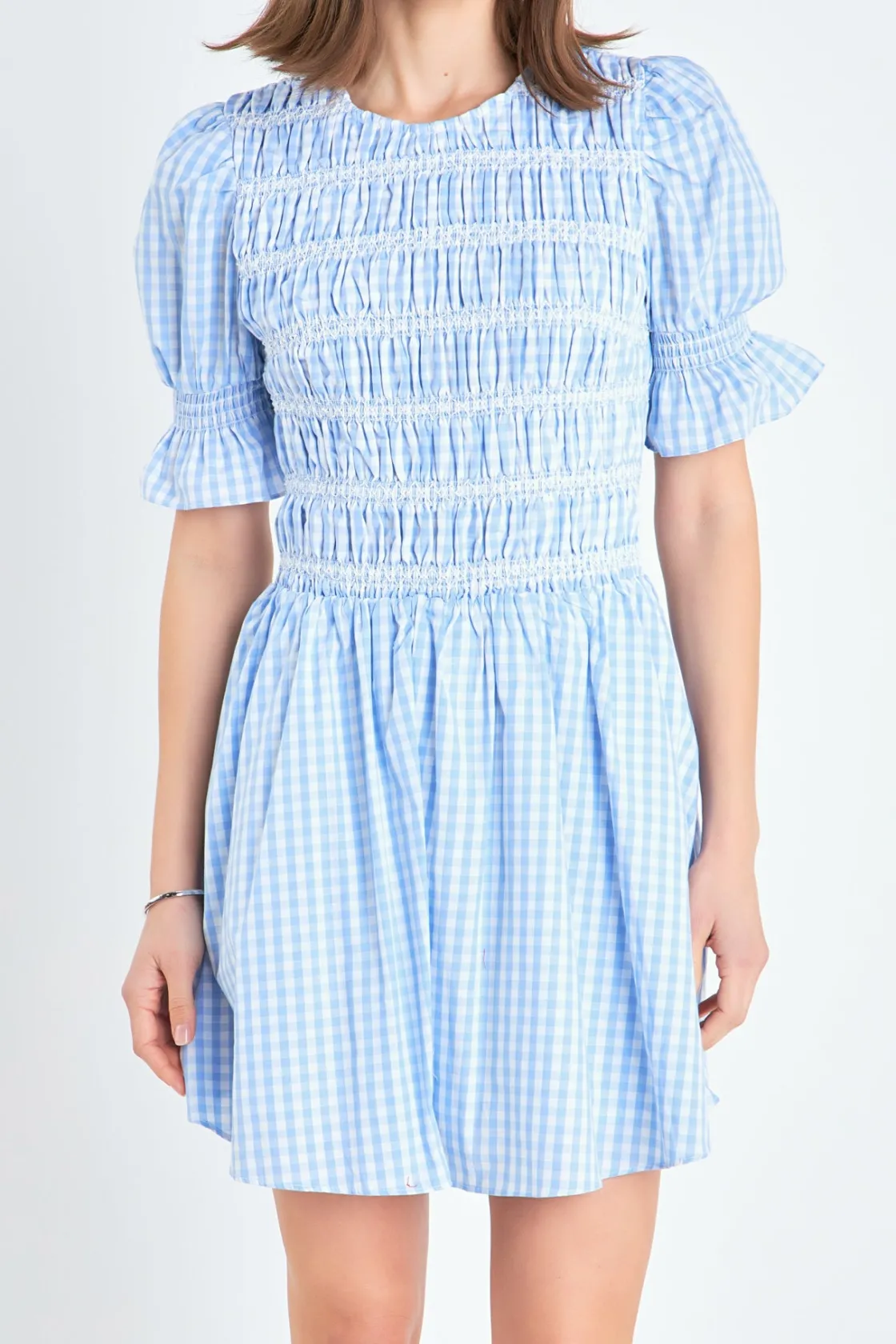 english_factory__gingham__0-3.webp ENGLISH FACTORY Tops*- Gingham Puff Sleeve Mini Dress OCEANBLUE
