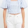 ENGLISH FACTORY Tops*- Gingham Smocked Puff Sleeve Top POWDERBLUE