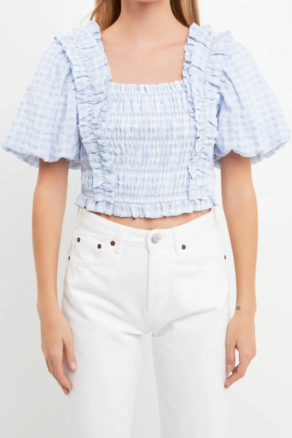 ENGLISH FACTORY Tops*- Gingham Smocked Puff Sleeve Top POWDERBLUE