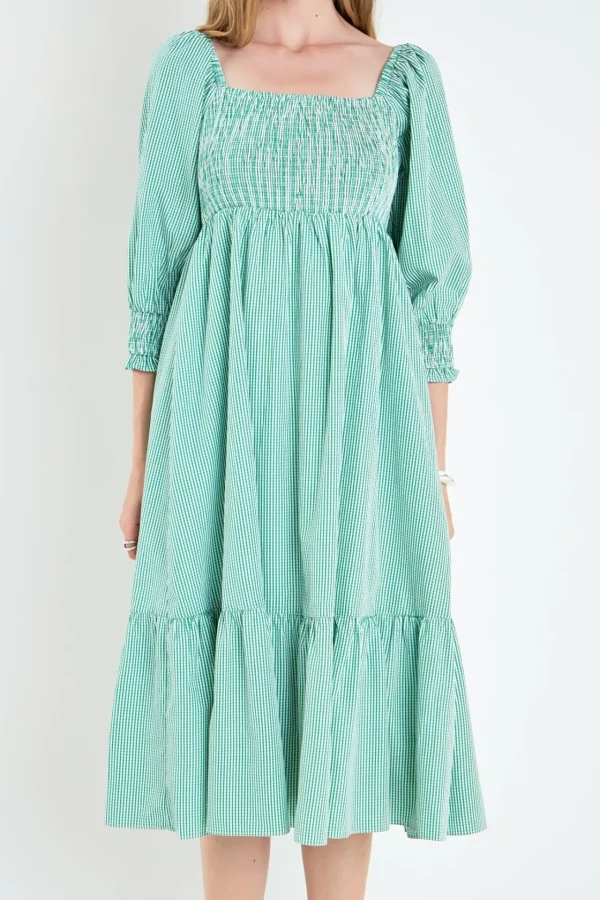ENGLISH FACTORY Tops*- Gingham Smocked Midi Dress GREEN