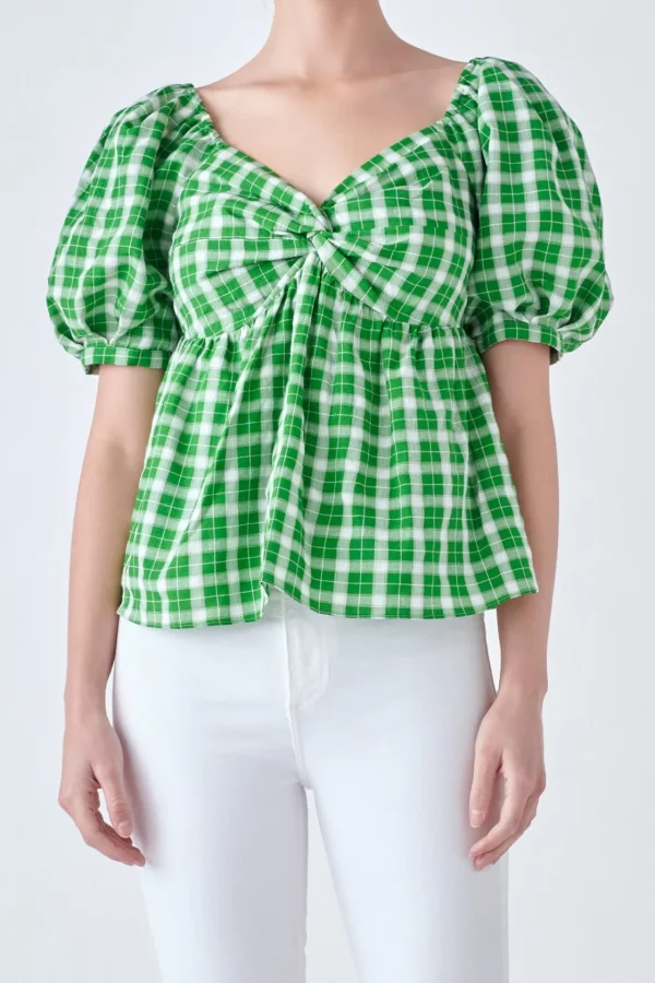 ENGLISH FACTORY Tops*- Gingham Twisted Puff Sleeve Top
