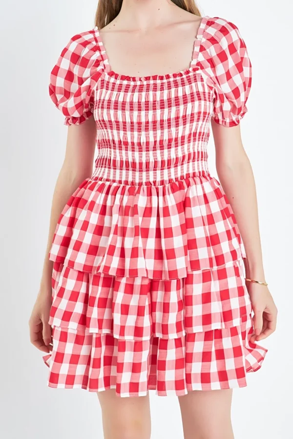 ENGLISH FACTORY Tops*- Gingham Square Neck Mini Dress RED