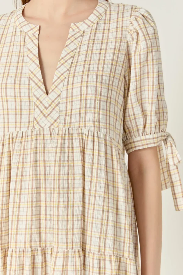 ENGLISH FACTORY Tops*- Gingham Tiered Dress with Bow-Tie Sleeves