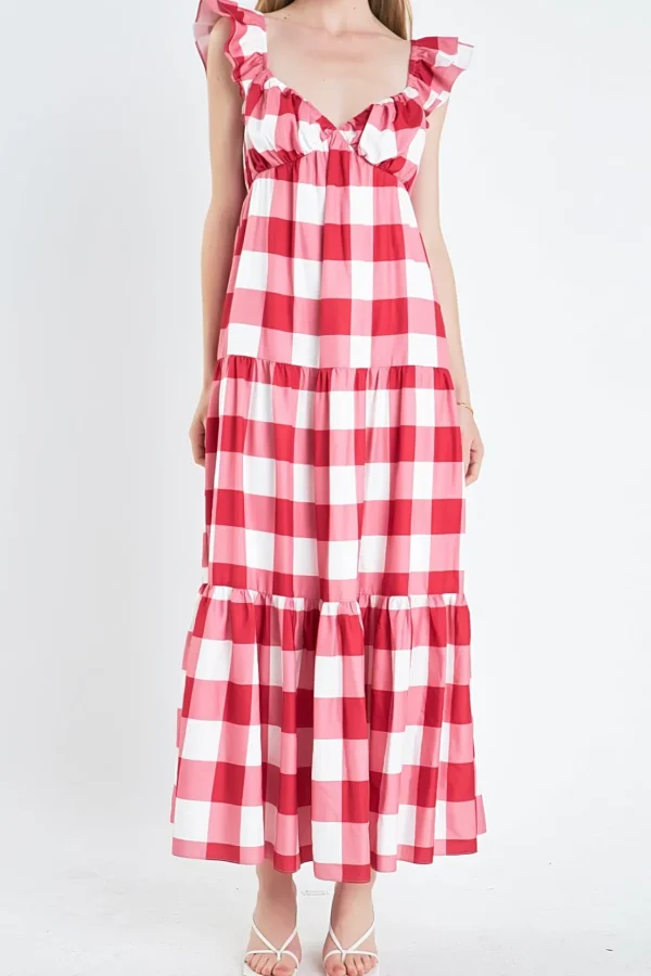 ENGLISH FACTORY Tops*- Gingham Maxi Dress RED/WHITE