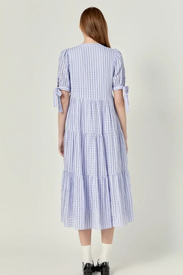 ENGLISH FACTORY Tops*- Gingham Tiered Midi Dress with Bow Tie Sleeves