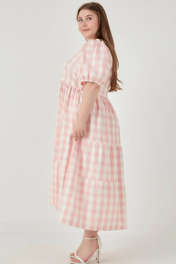 ENGLISH FACTORY Tops*- Gingham Puff Sleeve Tiered Maxi PINK