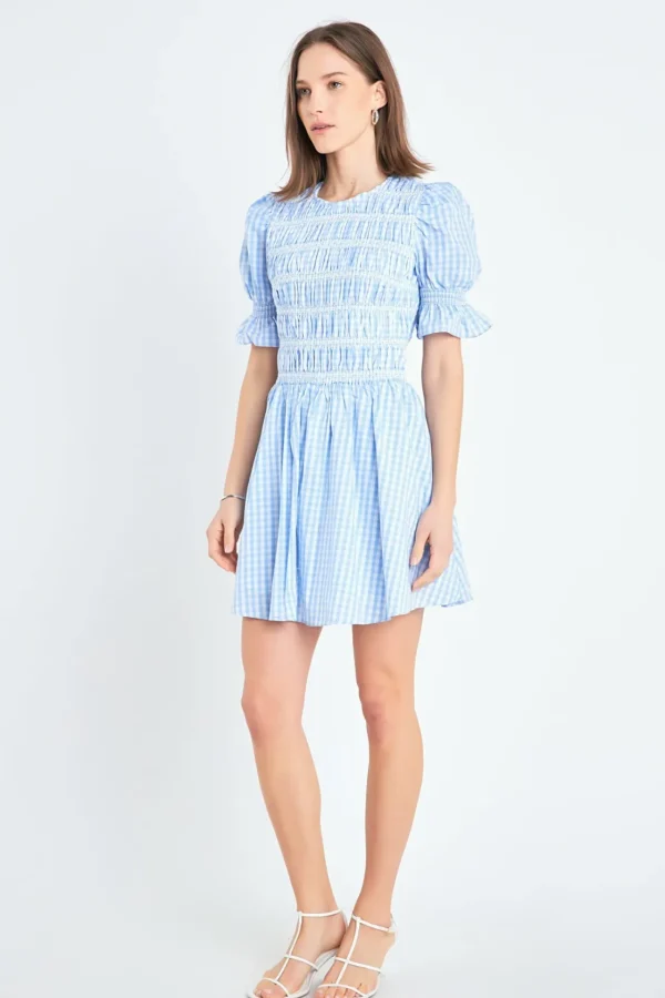 ENGLISH FACTORY Tops*- Gingham Puff Sleeve Mini Dress OCEANBLUE