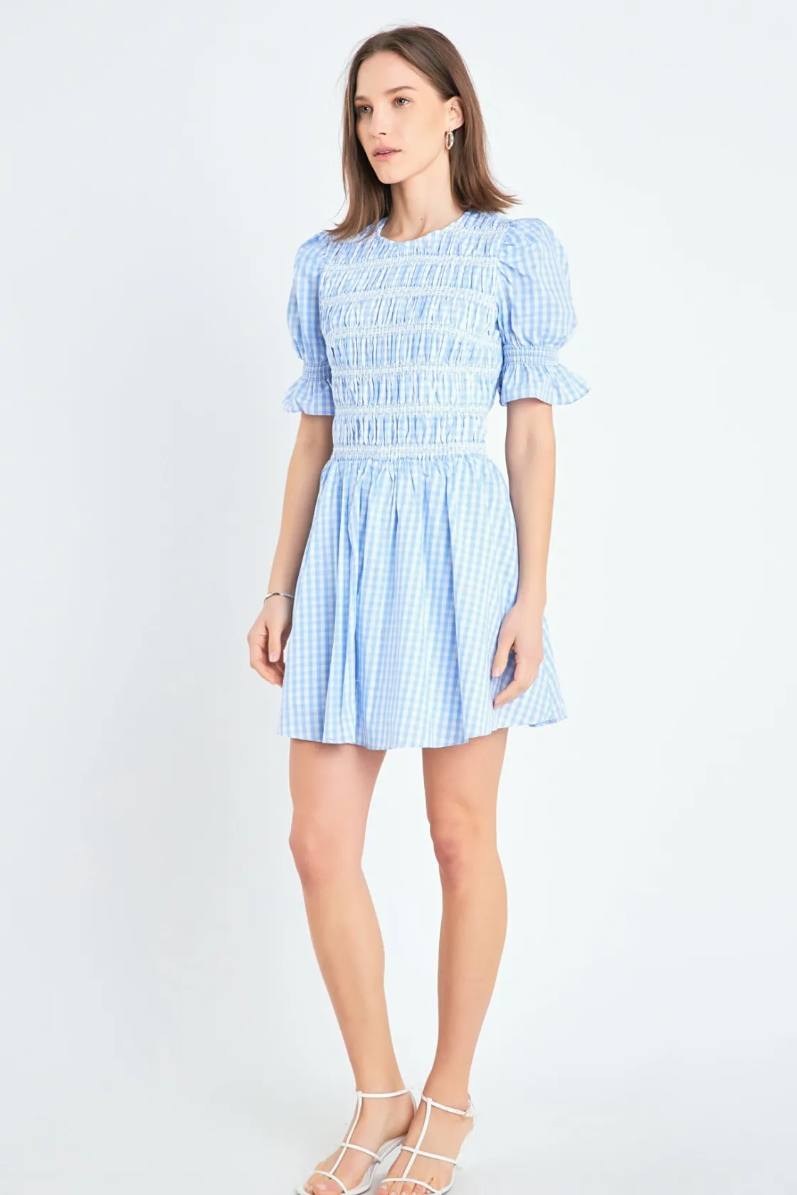 english_factory__gingham__1-3.webp ENGLISH FACTORY Tops*- Gingham Puff Sleeve Mini Dress OCEANBLUE