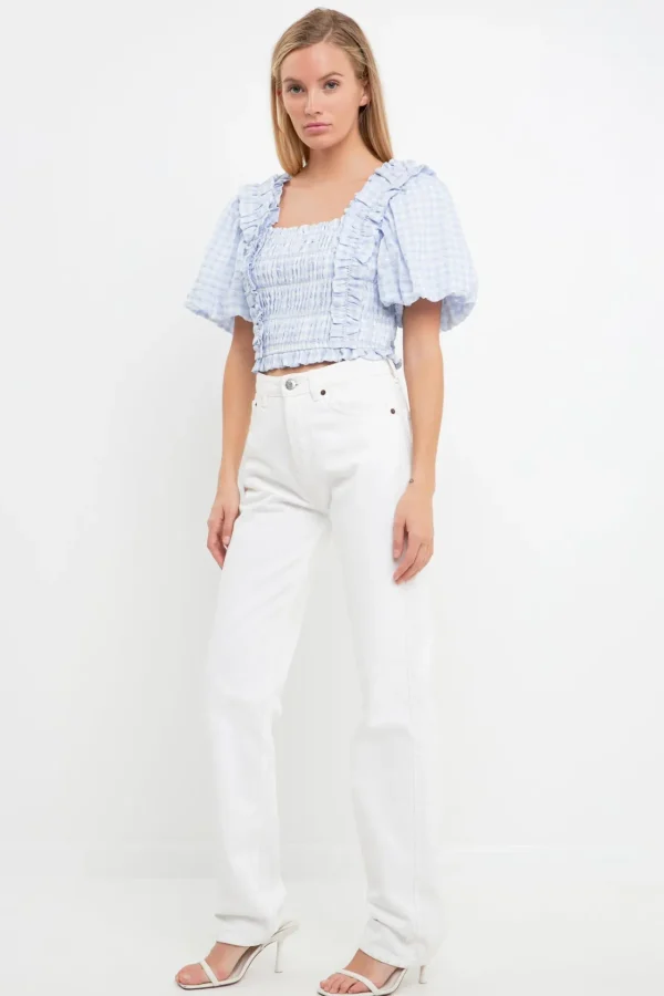 ENGLISH FACTORY Tops*- Gingham Smocked Puff Sleeve Top POWDERBLUE
