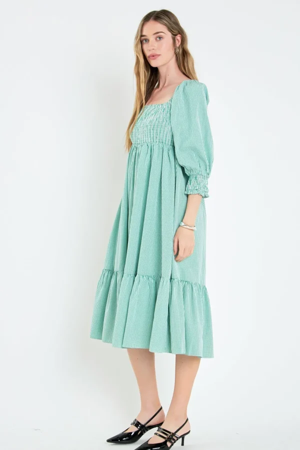 ENGLISH FACTORY Tops*- Gingham Smocked Midi Dress GREEN