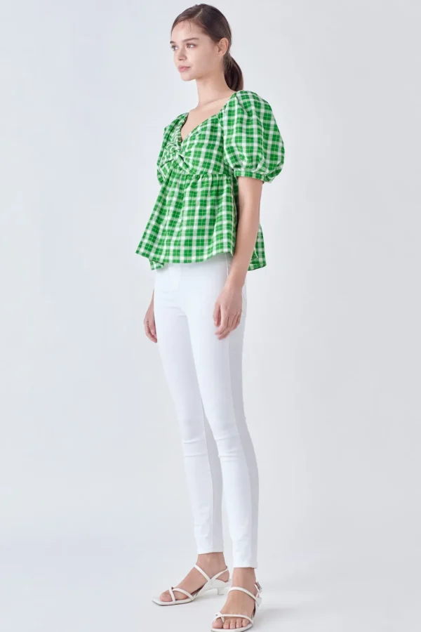 ENGLISH FACTORY Tops*- Gingham Twisted Puff Sleeve Top
