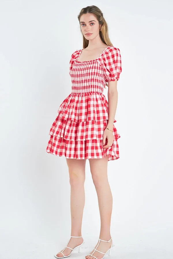 ENGLISH FACTORY Tops*- Gingham Square Neck Mini Dress RED