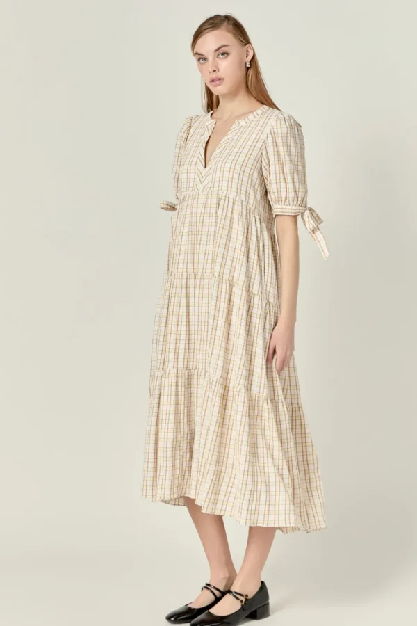 ENGLISH FACTORY Tops*- Gingham Tiered Dress with Bow-Tie Sleeves