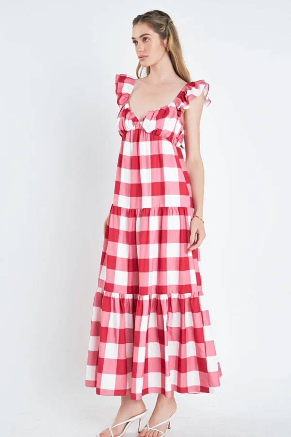 ENGLISH FACTORY Tops*- Gingham Maxi Dress RED/WHITE