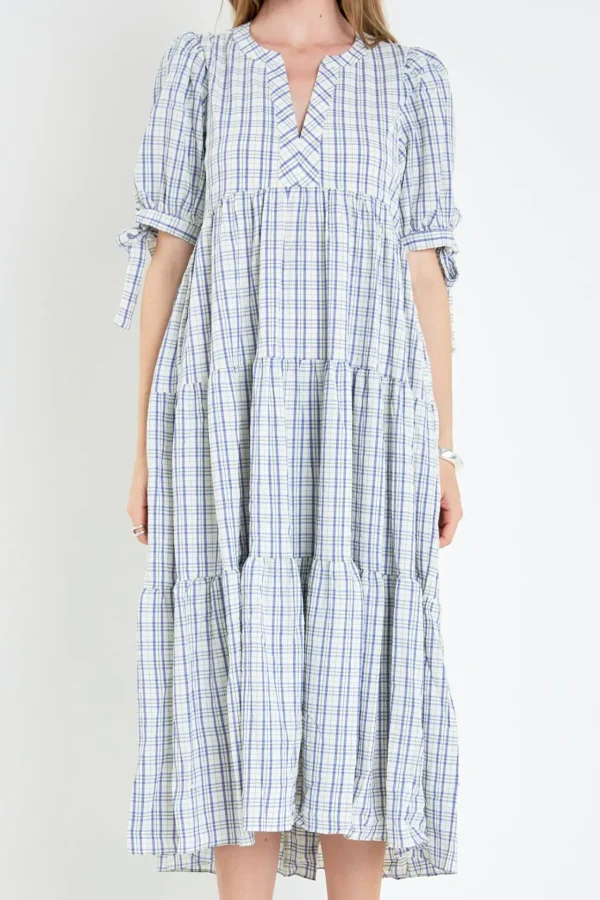 ENGLISH FACTORY Tops*- Gingham Tiered Dress with Bow-Tie Sleeves