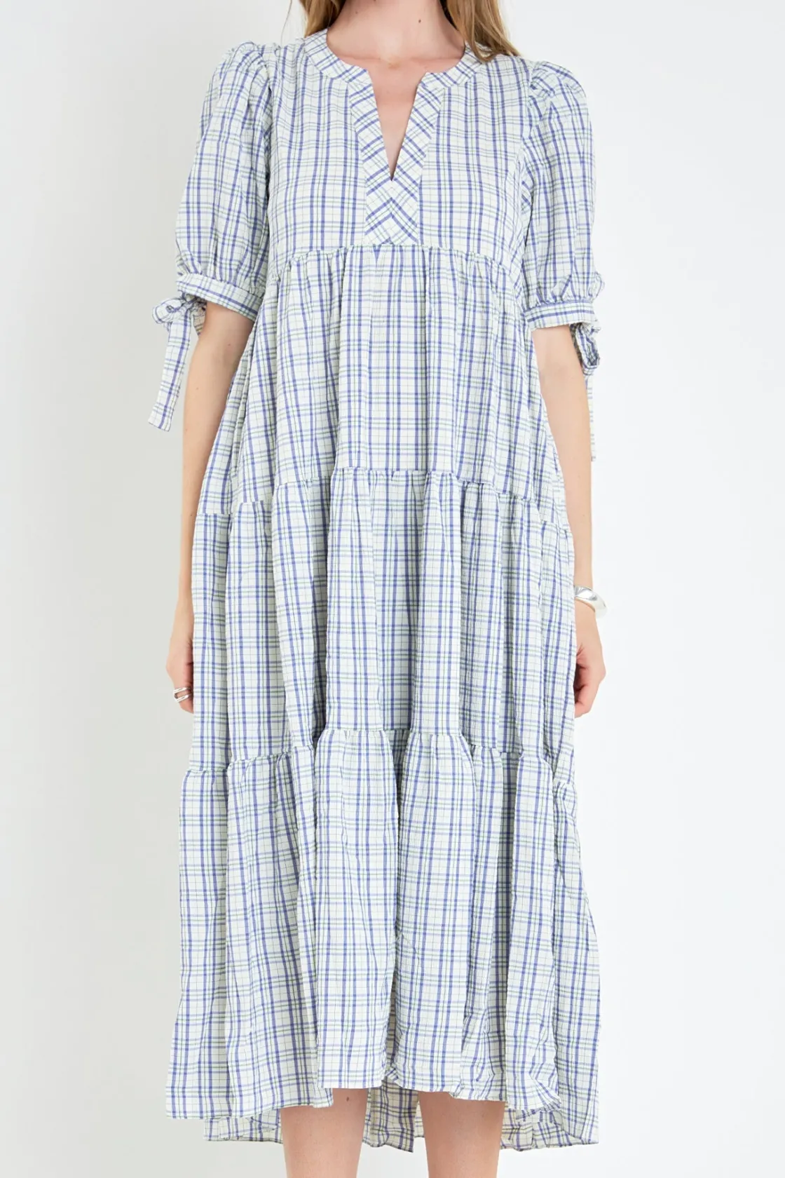 english_factory__gingham__10-1.webp ENGLISH FACTORY Tops*- Gingham Tiered Dress with Bow-Tie Sleeves