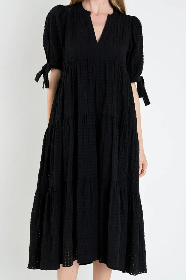 ENGLISH FACTORY Tops*- Gingham Tiered Midi Dress with Bow Tie Sleeves