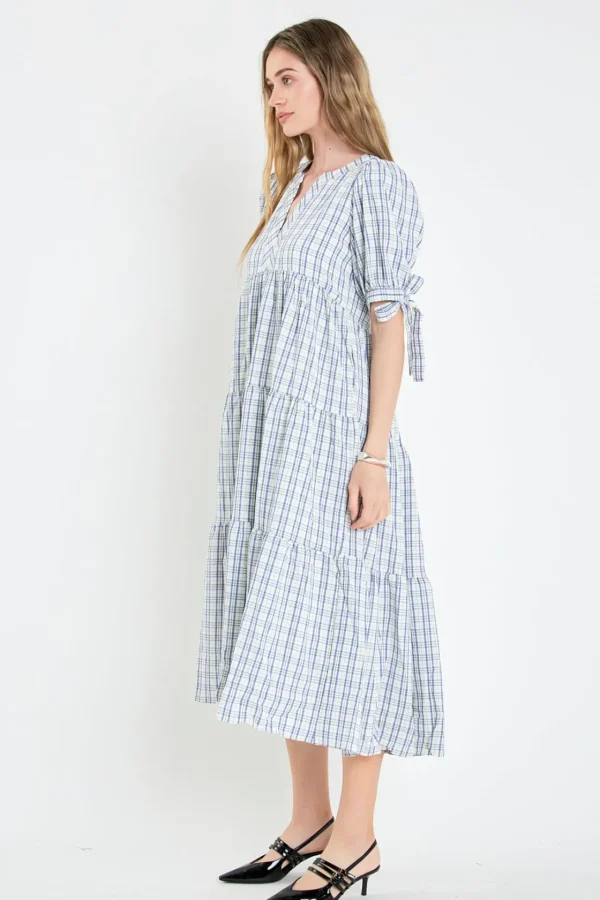 ENGLISH FACTORY Tops*- Gingham Tiered Dress with Bow-Tie Sleeves