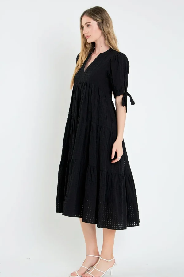 ENGLISH FACTORY Tops*- Gingham Tiered Midi Dress with Bow Tie Sleeves